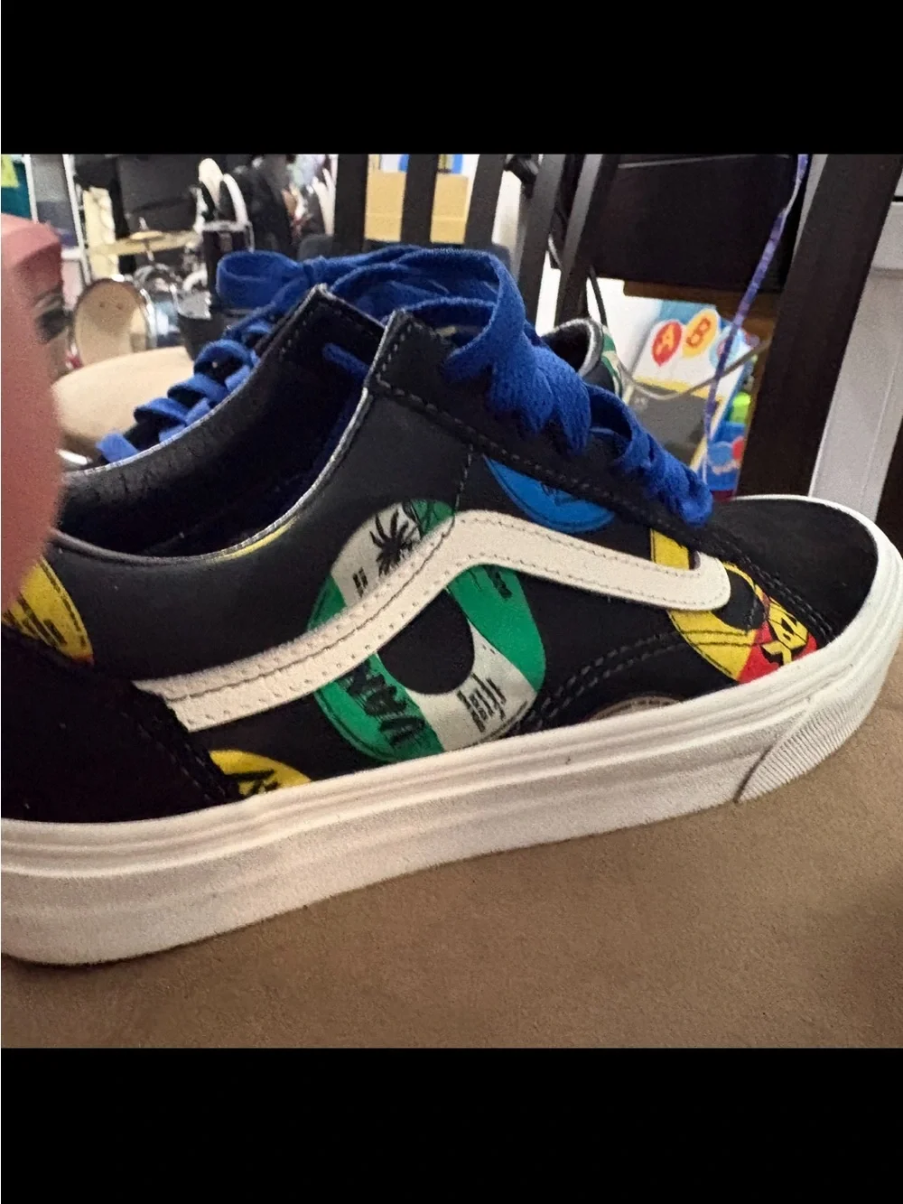 Vans Kids Black Skate Shoes with Blue Laces